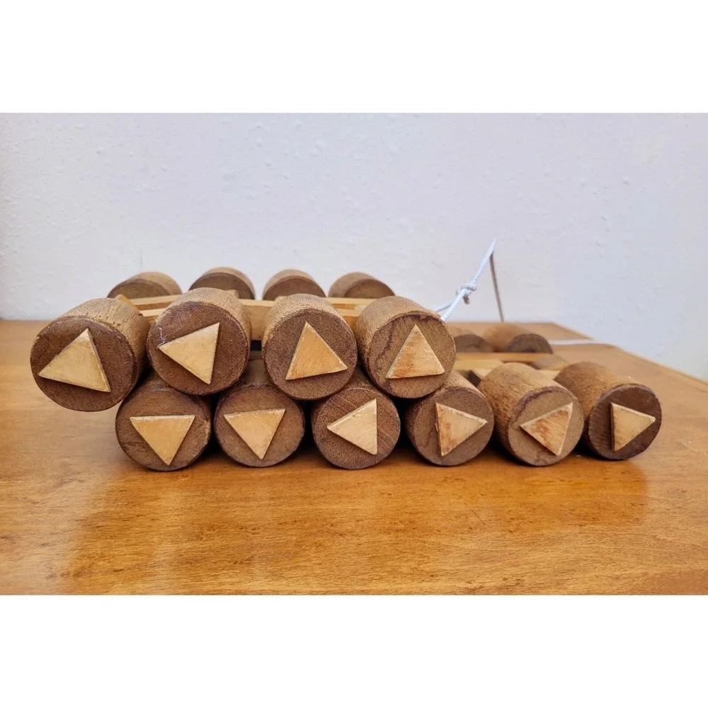 Vtg Wooden Pull Toy Rolling Folding Blocks Geometrical Cylinders Natural‎ Play